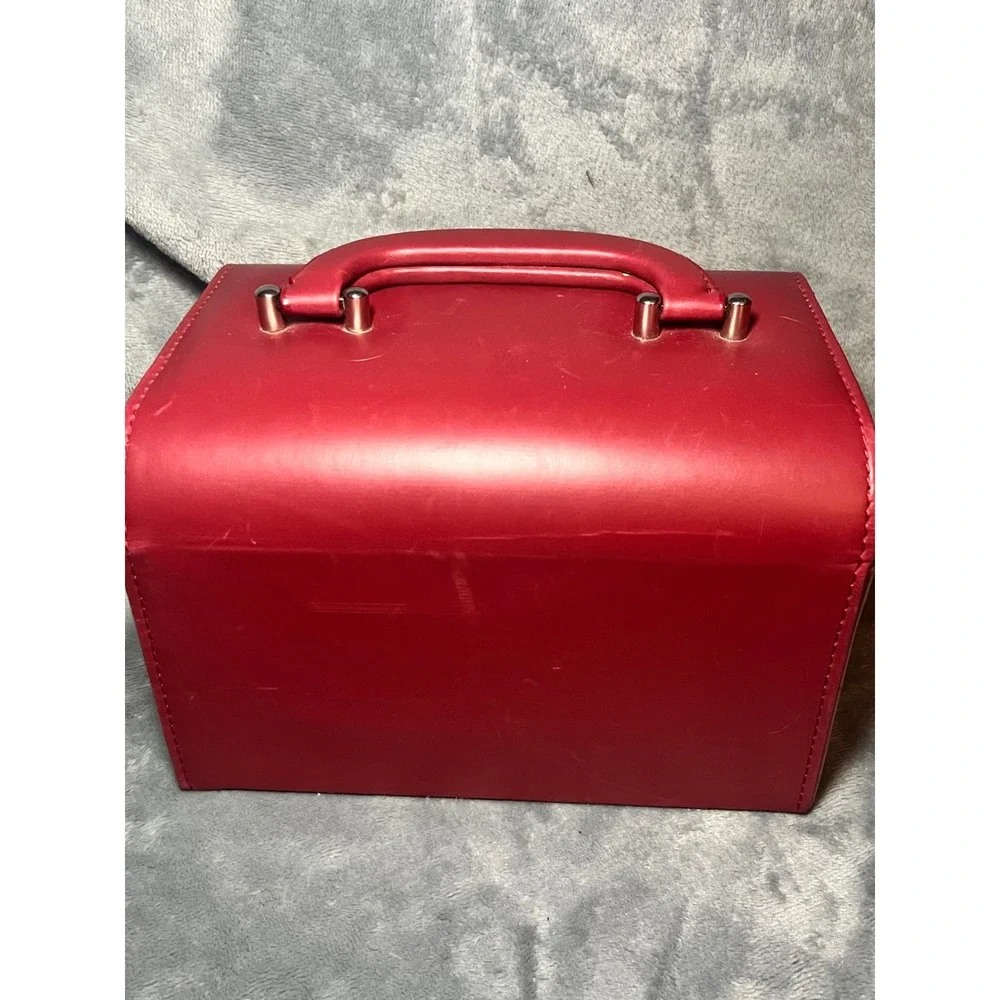 Vintage Red‎ Faux Leather Jewelry Box Case With Handle Tray Drawer 9 Inch